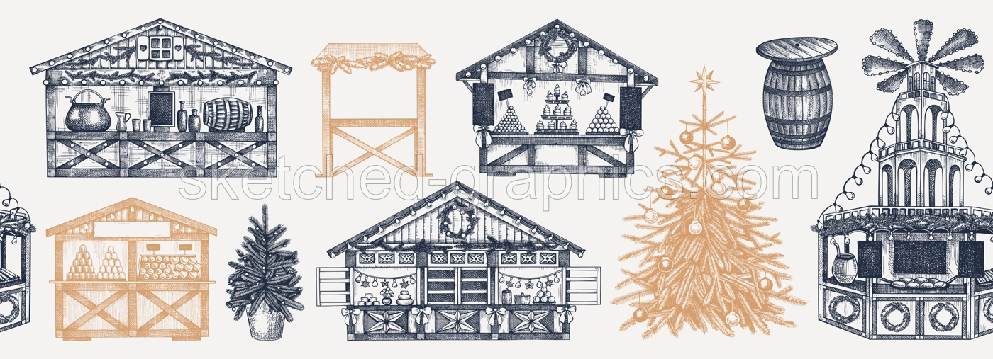 Christmas market stall sketches. Hand drawn vector illustration. Seamless border. European holiday marketplace design, vintage background with Christmas tree, wooden kiosk, candy shop, mulled wine.  Illustration